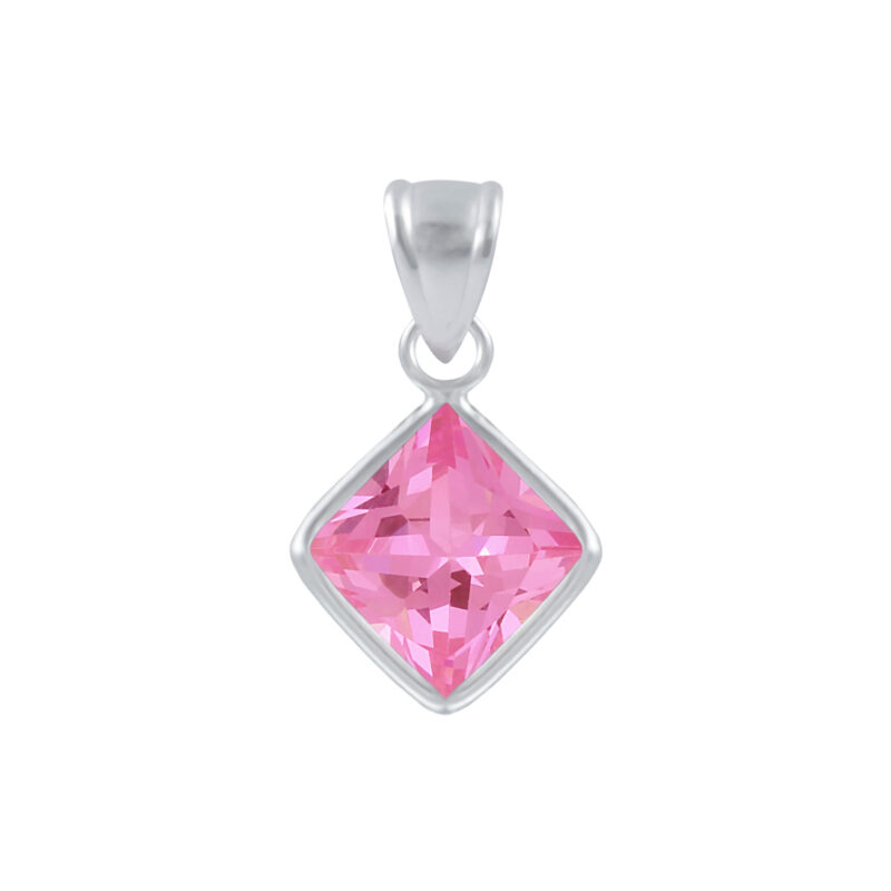 Rózsaszín, négyzet alakú, köves ezüst medál - 8 mm kővel