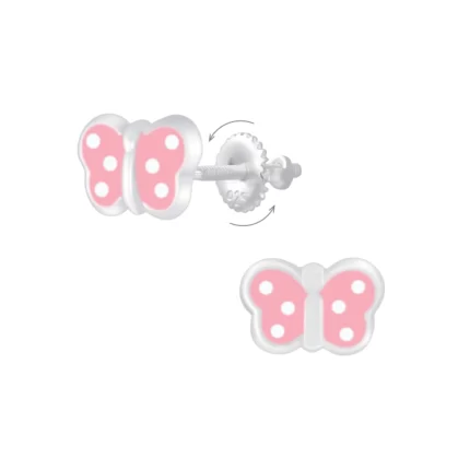 Rózsaszín pöttyös pillangó gyerek ezüst fülbevaló