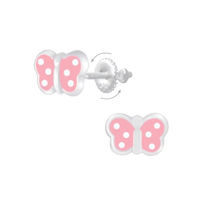 Rózsaszín pöttyös pillangó gyerek ezüst fülbevaló