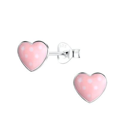 Rózsaszín pöttyös szív ezüst fülbevaló.